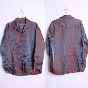 Blue Burgundy Iridescent Satin Button Down Shirt - Large